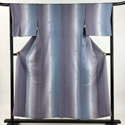 【美品】 小紋 身長155cm 袖長66.5cm M 雙層 縱條 幾何學 漸層 灰紫 純蠶絲 優品級