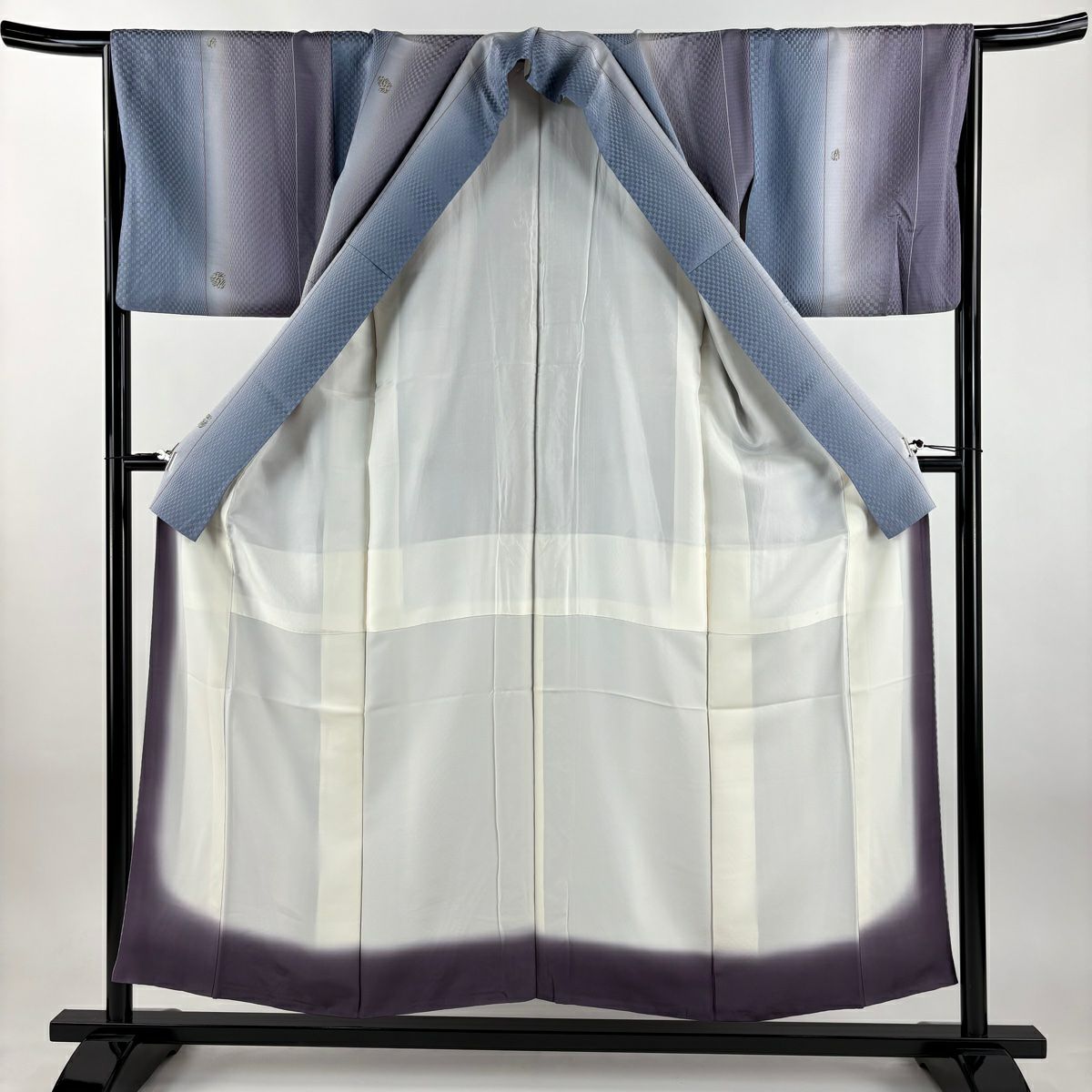 【美品】 小紋 身長155cm 袖長66.5cm M 雙層 縱條 幾何學 漸層 灰紫 純蠶絲 優品級