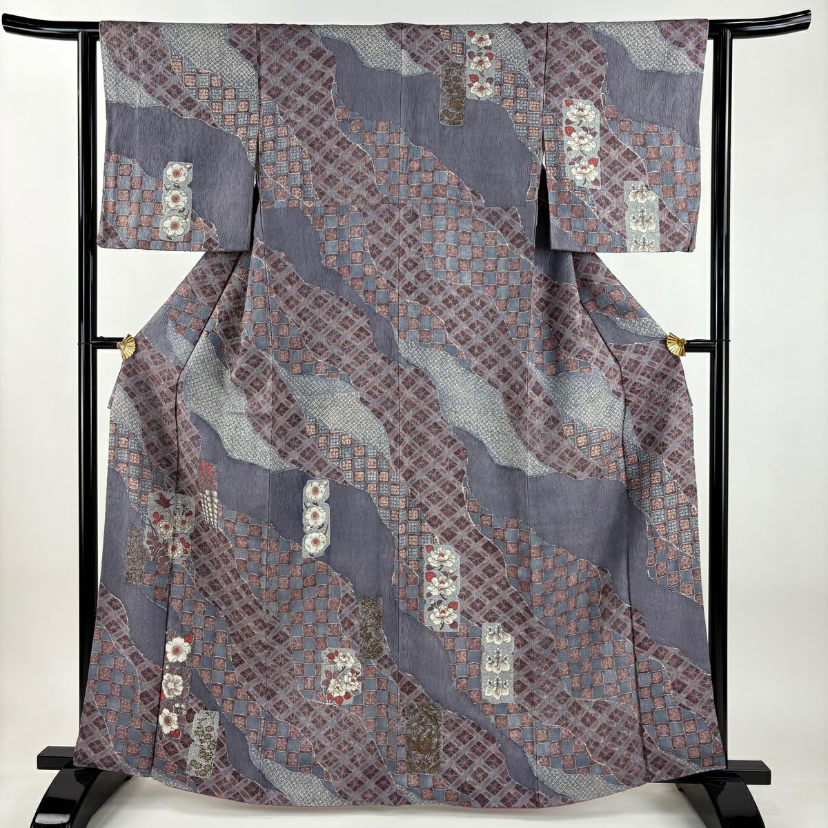 訪問服 身長163.5cm 袖長63cm S 雙層 草花紋紋 道長取 金彩裝飾 灰紫 純蠶絲 秀品級