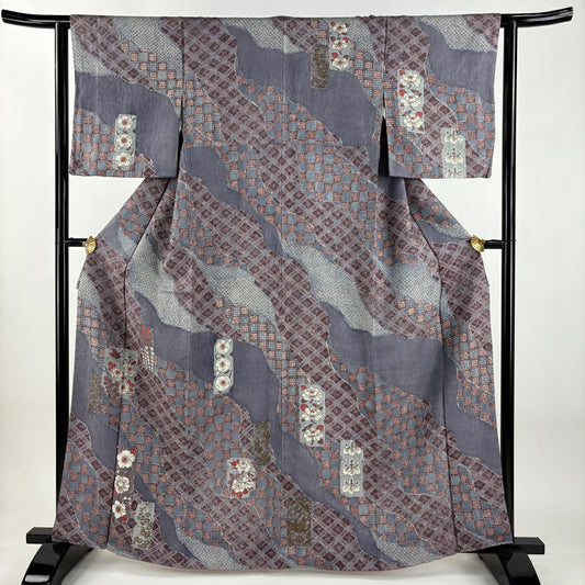 訪問服 身長163.5cm 袖長63cm S 雙層 草花紋紋 道長取 金彩裝飾 灰紫 純蠶絲 秀品級