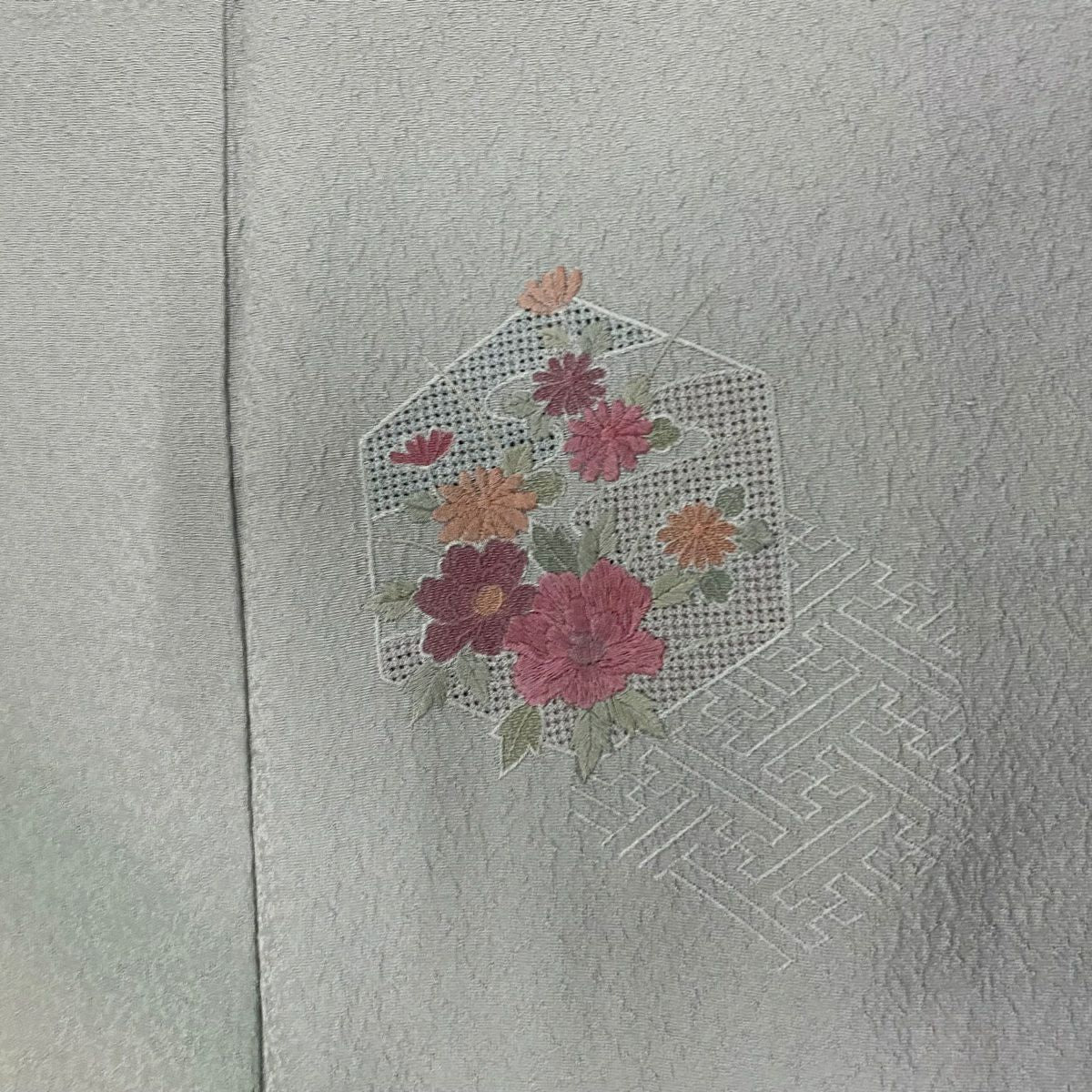付下 身長155.5cm 袖長63cm S 雙層 草花紋紋 龜甲刺繡 漸層 青灰 純蠶絲 優品級