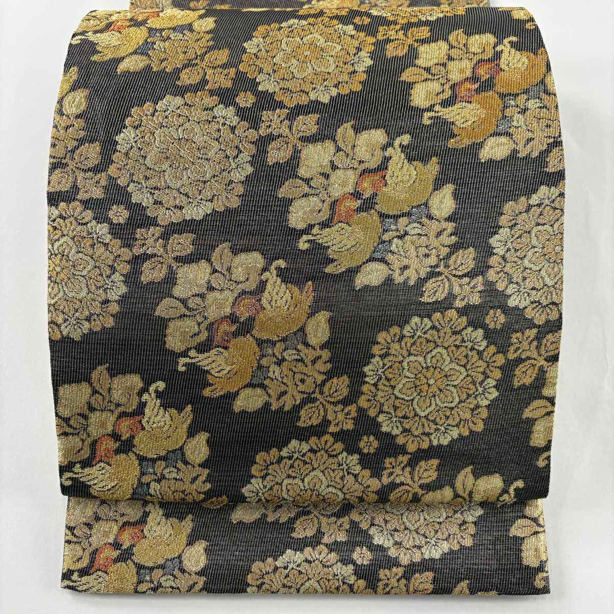 【美品】 袋帶 逸品級 紋屋井關 落款あり 華紋 草花紋紋 金絲 金金箔 墨色 六通 純蠶絲