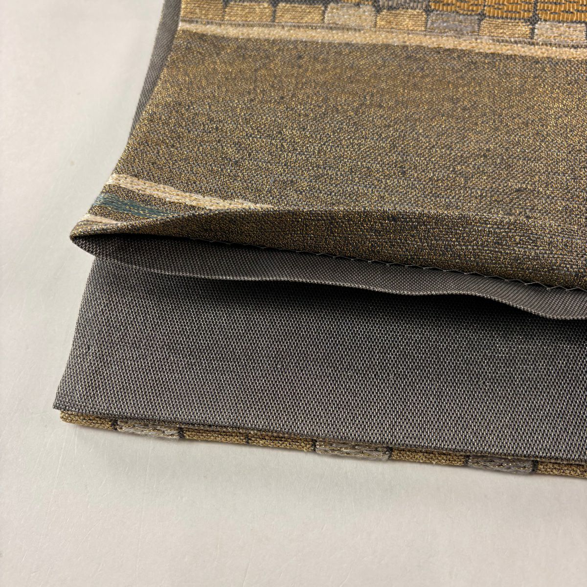 【美品】 袋帶 逸品級 格子 縞 金銀彩 灰綠 六通 純蠶絲