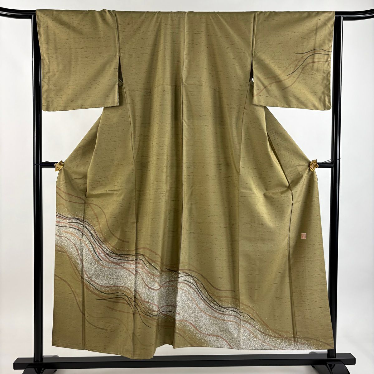 【美品】訪問服 身長153cm 袖長64.5cm M 雙層 牛首紬織織 地 落款あり 證書あり 幾何學 茶綠 純蠶絲 逸品級