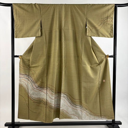 【美品】訪問服 身長153cm 袖長64.5cm M 雙層 牛首紬織織 地 落款あり 證書あり 幾何學 茶綠 純蠶絲 逸品級