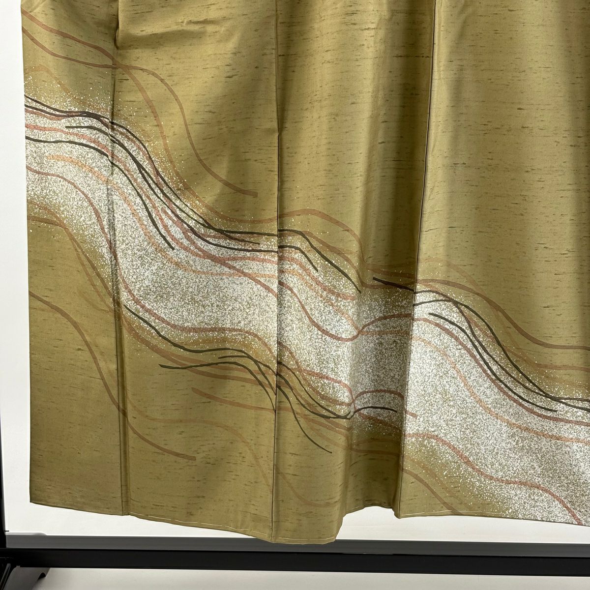 【美品】訪問服 身長153cm 袖長64.5cm M 雙層 牛首紬織織 地 落款あり 證書あり 幾何學 茶綠 純蠶絲 逸品級