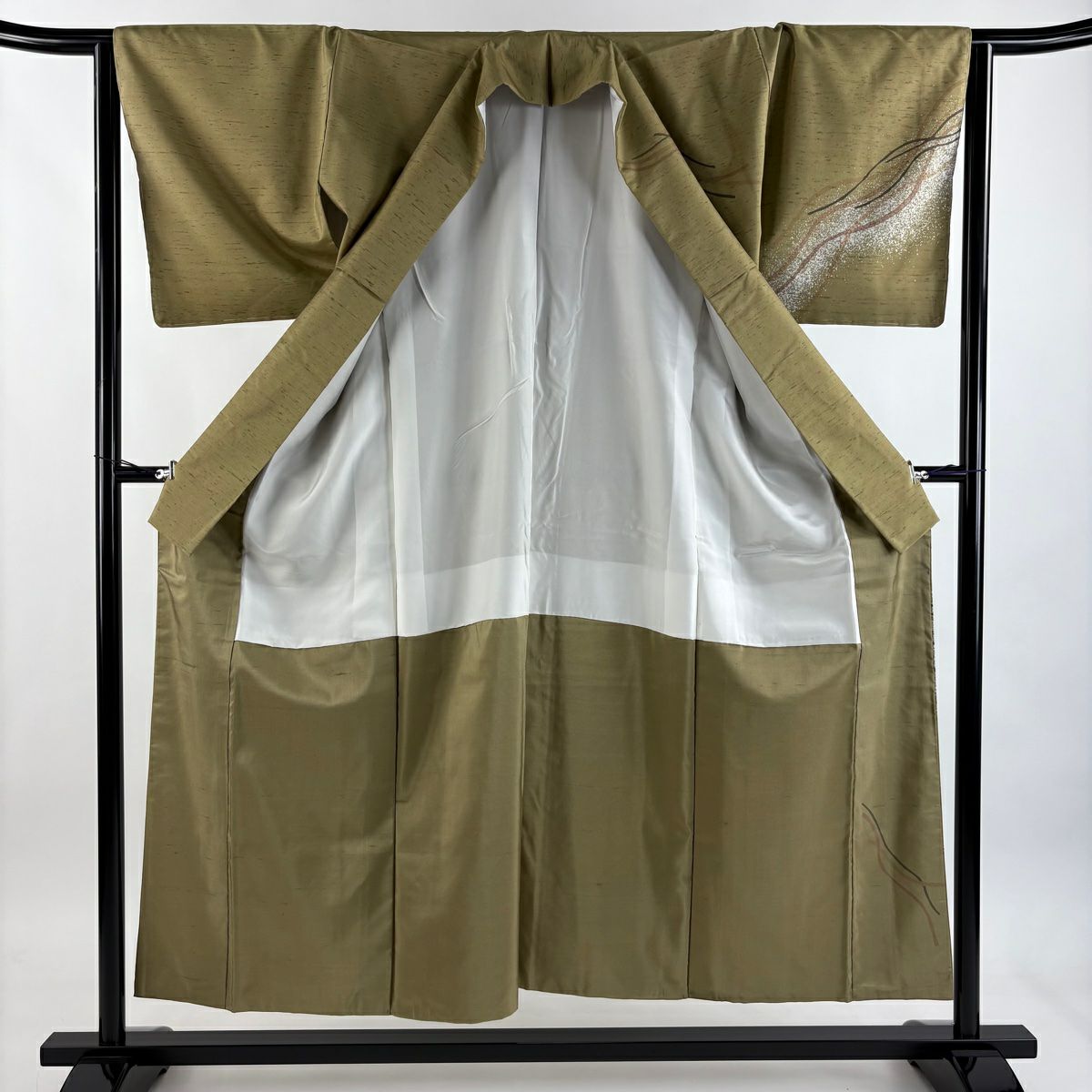 【美品】訪問服 身長153cm 袖長64.5cm M 雙層 牛首紬織織 地 落款あり 證書あり 幾何學 茶綠 純蠶絲 逸品級