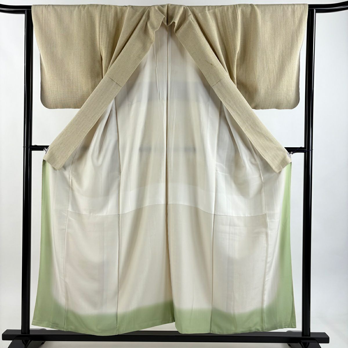 小紋 身長157cm 袖長62.5cm S 雙層 縱條 金絲 米色 純蠶絲 逸品級