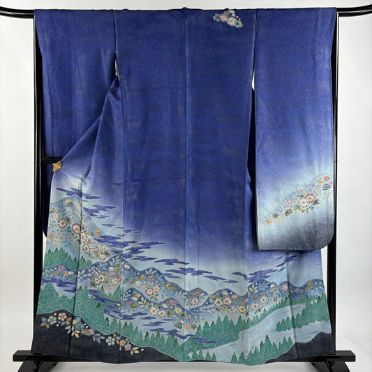 【美品】振袖禮服 身長159cm 袖長66.5cm M 雙層 徳永憲峯 落款あり 辻花染 樹木 銀通し ぼかし 青紫 純蠶絲 逸品級