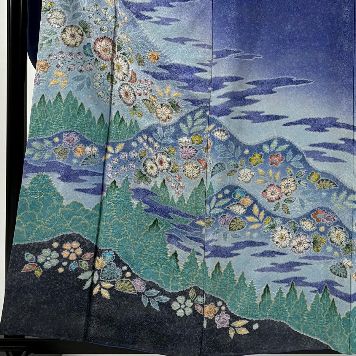 【美品】振袖禮服 身長159cm 袖長66.5cm M 雙層 徳永憲峯 落款あり 辻花染 樹木 銀通し ぼかし 青紫 純蠶絲 逸品級