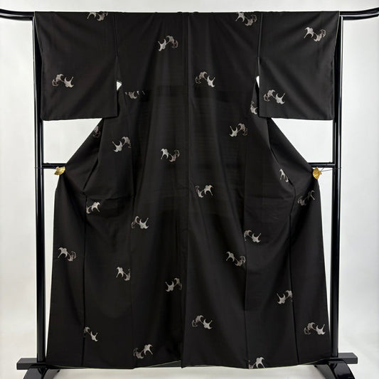 【美品】 大島紬織 身長160cm 袖長65.5cm M 雙層 純泥染 證書附帶 銀杏 墨 黑 純蠶絲 逸品級
