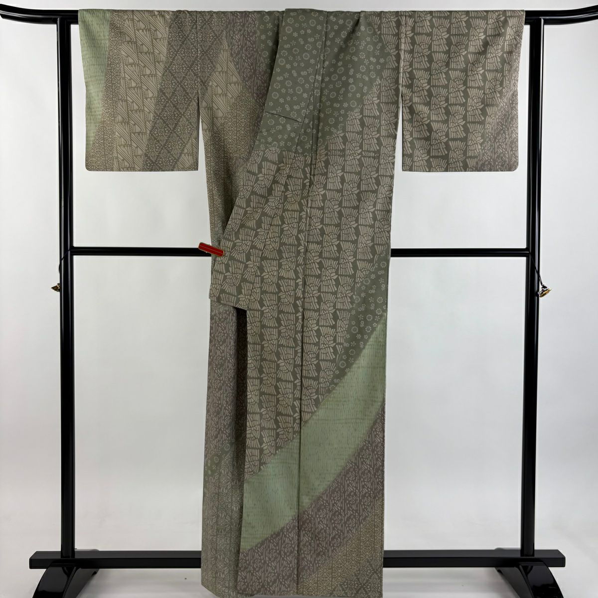 訪問服 身長161cm 袖長64.5cm M 雙層 牛首紬織織 地 落款 花 幾何學 絞染 染分 灰綠 純蠶絲 逸品級