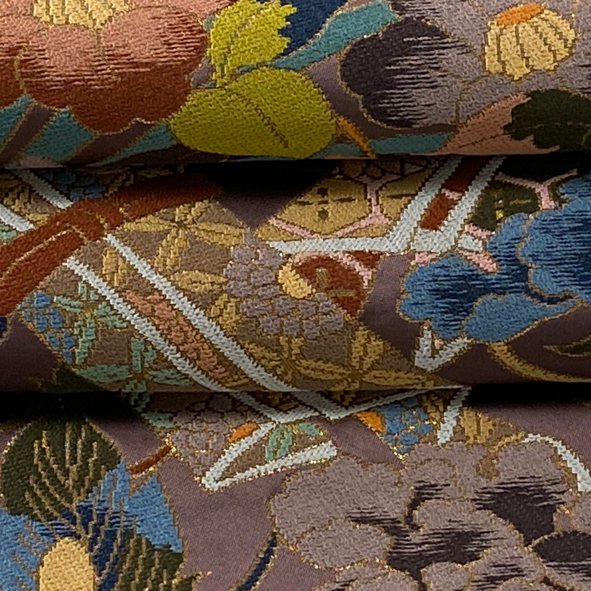 【美品】 袋帶 逸品級 白綾苑大庭 落款あり 關西仕立 花束 金金箔 灰紫 六通 純蠶絲