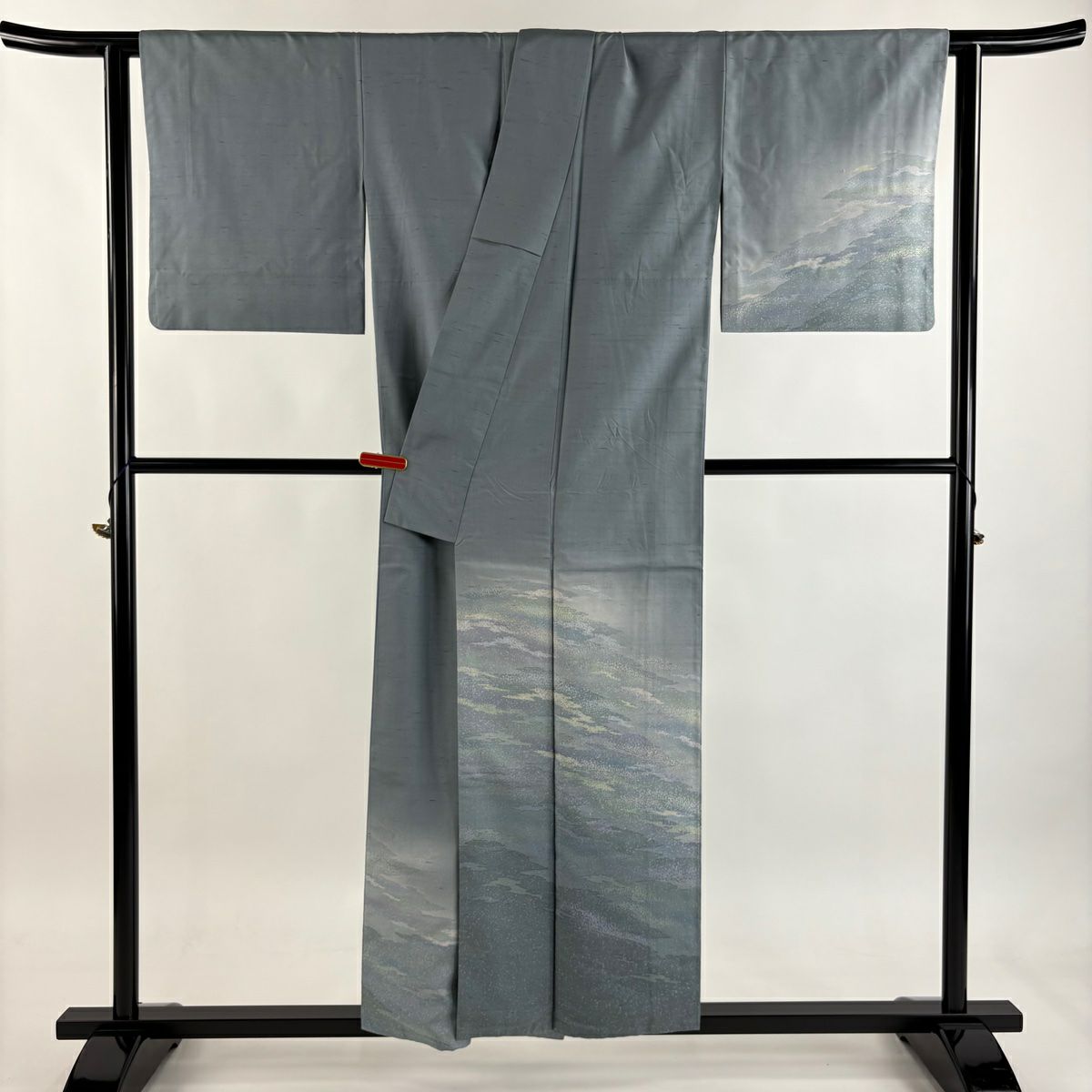 付下 身長155cm 袖長63cm S 雙層 牛首紬織織 地 落款あり 霞 漸層 青灰 純蠶絲 逸品級