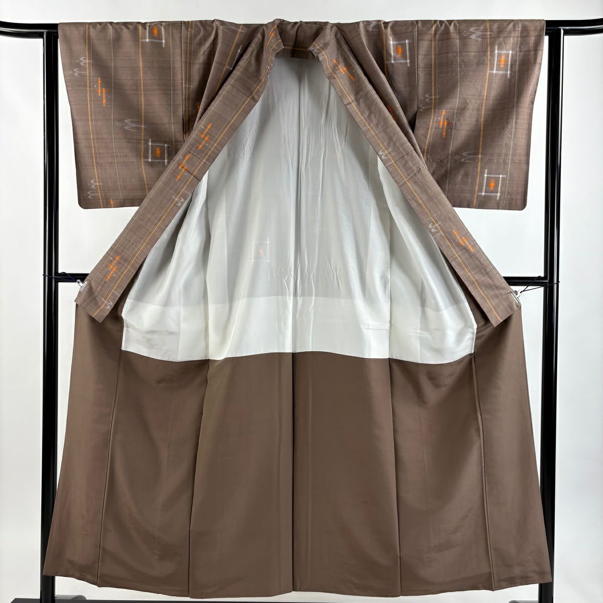 【美品】 紬織 身長153.5cm 袖長62cm S 雙層 琉球本紬織 證書齊全 燕紋 縞紋 灰茶 純蠶絲 逸品級