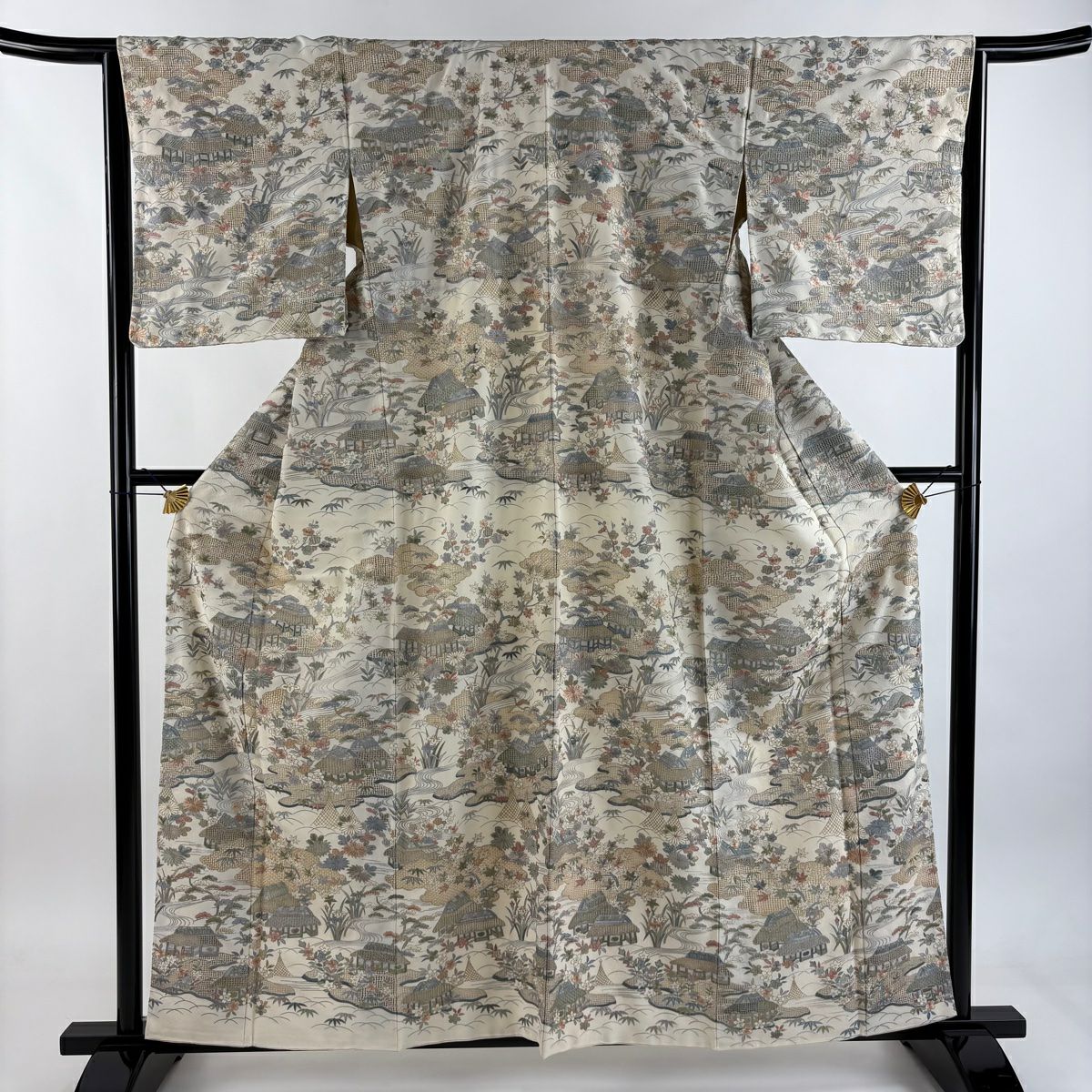 訪問服 身長158.5cm 袖長65cm M 雙層 風景 松樹竹子梅花 金糸 刺繡 米色 純蠶絲 逸品級