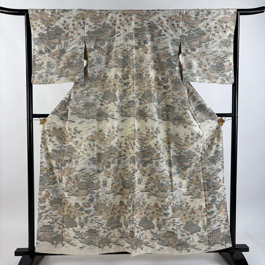 訪問服 身長158.5cm 袖長65cm M 雙層 風景 松樹竹子梅花 金糸 刺繡 米色 純蠶絲 逸品級