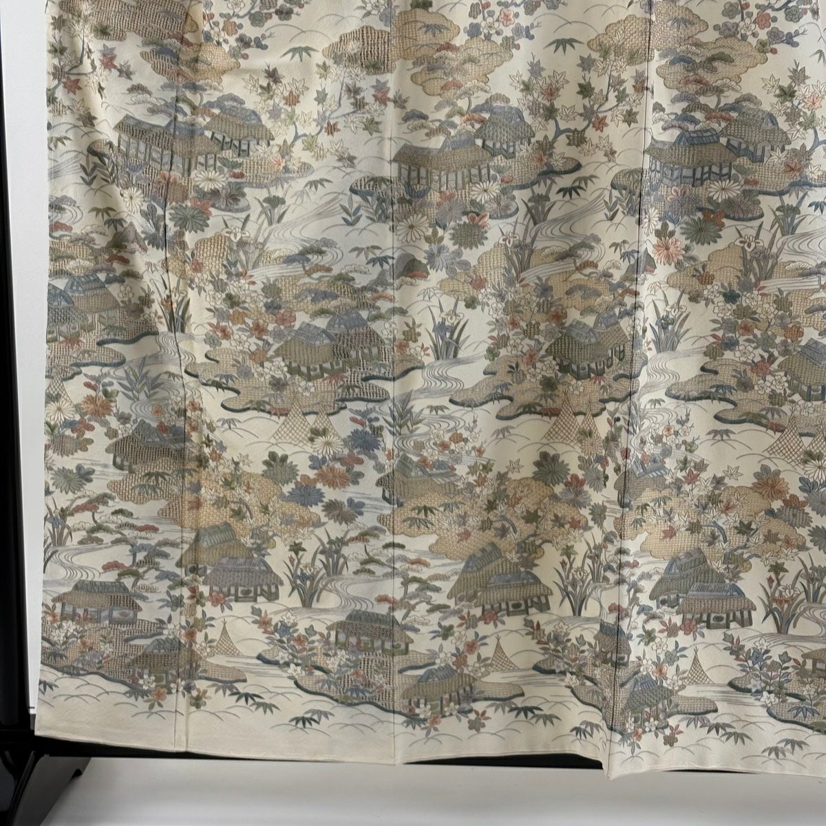 訪問服 身長158.5cm 袖長65cm M 雙層 風景 松樹竹子梅花 金糸 刺繡 米色 純蠶絲 逸品級