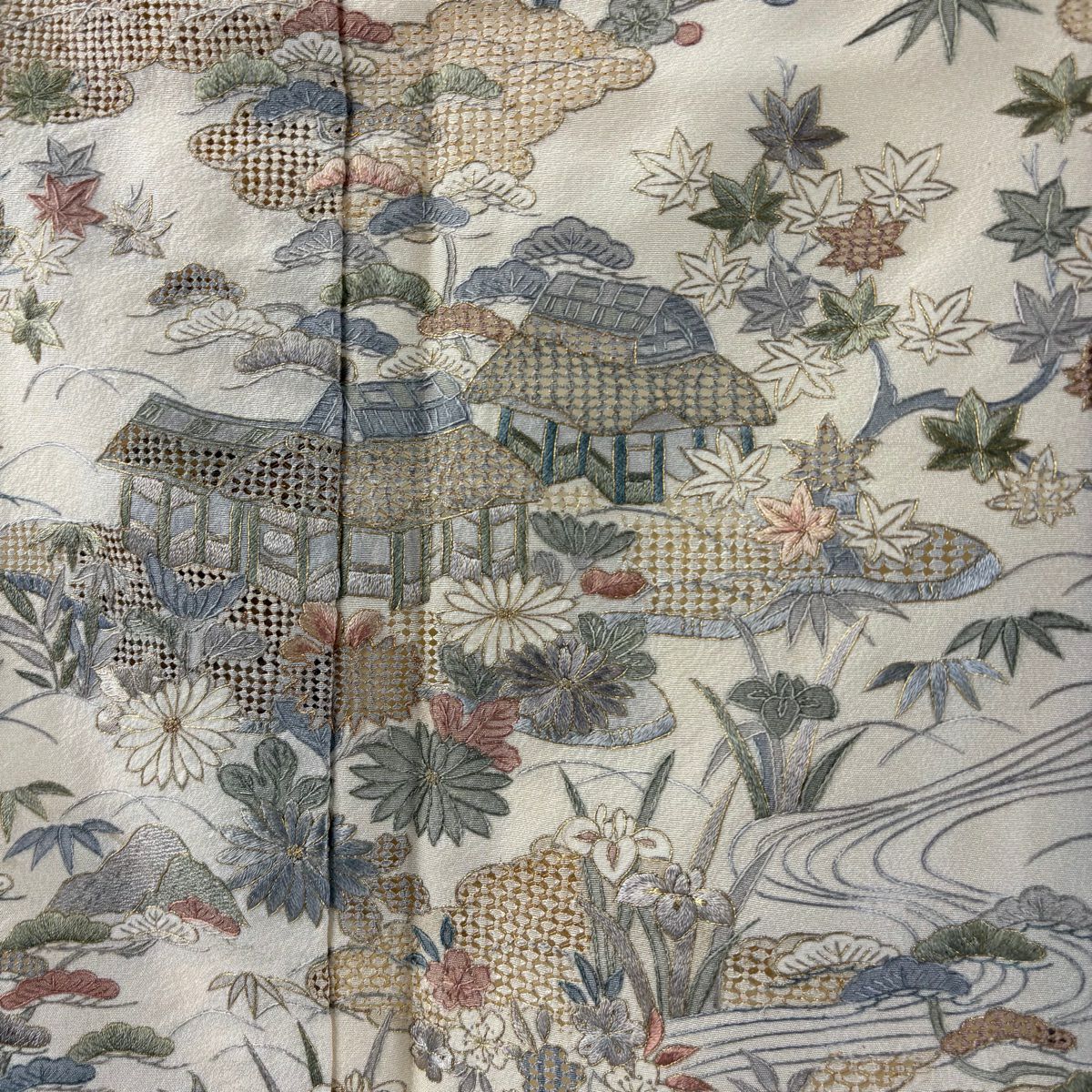 訪問服 身長158.5cm 袖長65cm M 雙層 風景 松樹竹子梅花 金糸 刺繡 米色 純蠶絲 逸品級