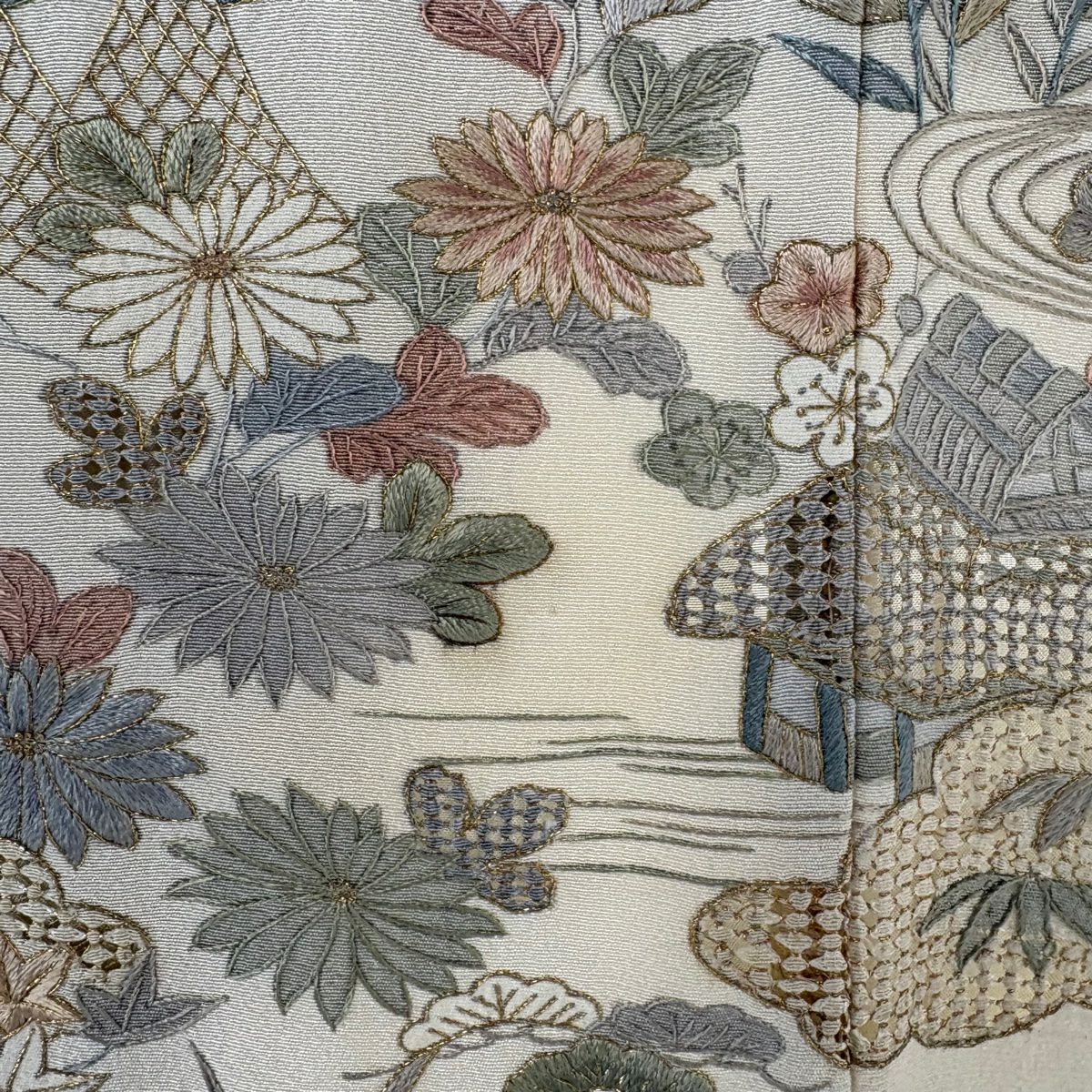 訪問服 身長158.5cm 袖長65cm M 雙層 風景 松樹竹子梅花 金糸 刺繡 米色 純蠶絲 逸品級