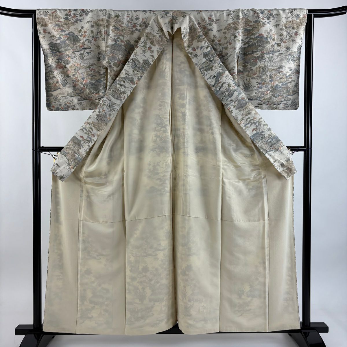 訪問服 身長158.5cm 袖長65cm M 雙層 風景 松樹竹子梅花 金糸 刺繡 米色 純蠶絲 逸品級