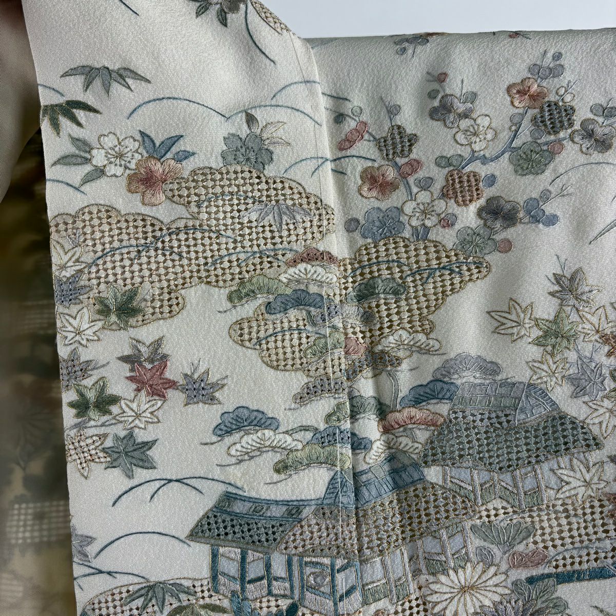 訪問服 身長158.5cm 袖長65cm M 雙層 風景 松樹竹子梅花 金糸 刺繡 米色 純蠶絲 逸品級