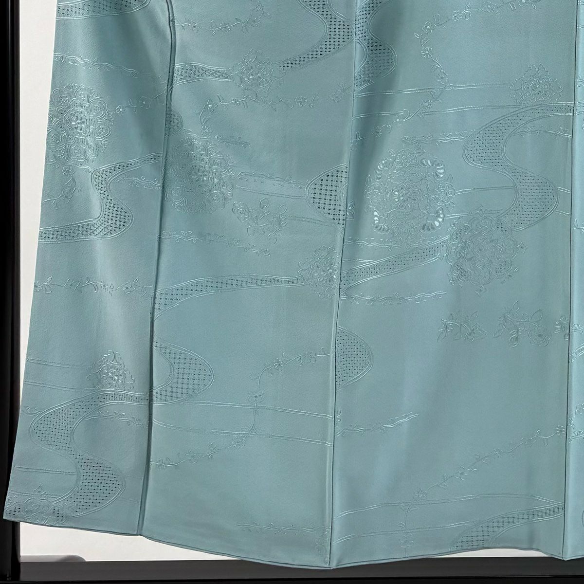 小紋 身長155.5cm 袖長61cm S 雙層 華紋 流水 刺繡 青綠 純蠶絲 逸品級
