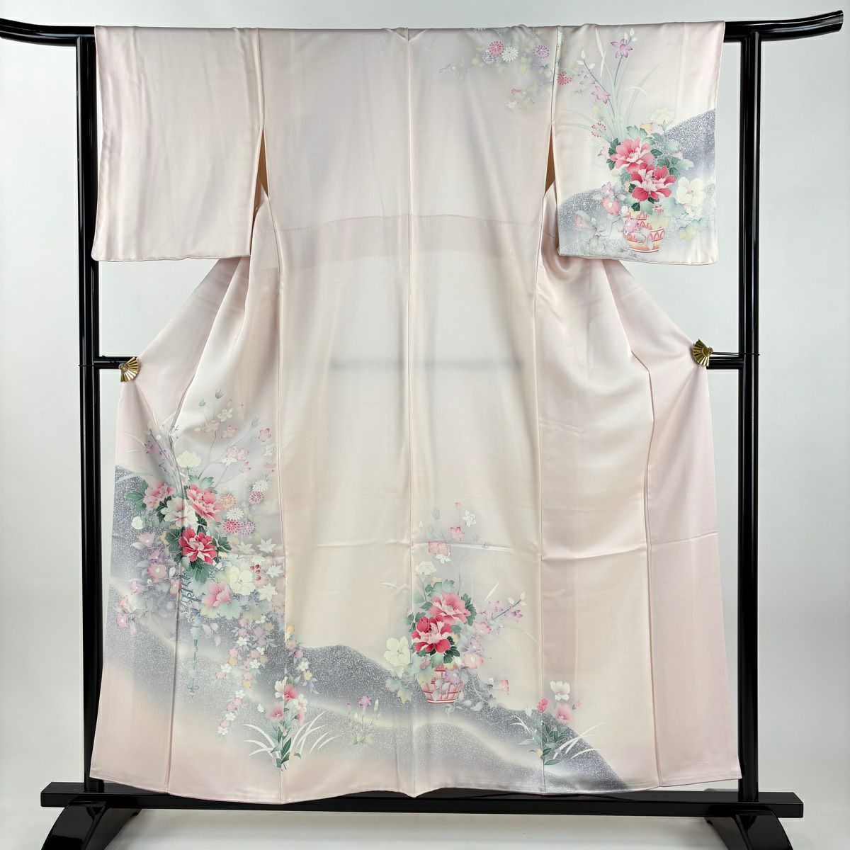 訪問服 身長157cm 袖長62cm S 雙層 花器 草花紋紋 漸層 淺粉色 純蠶絲 優品級