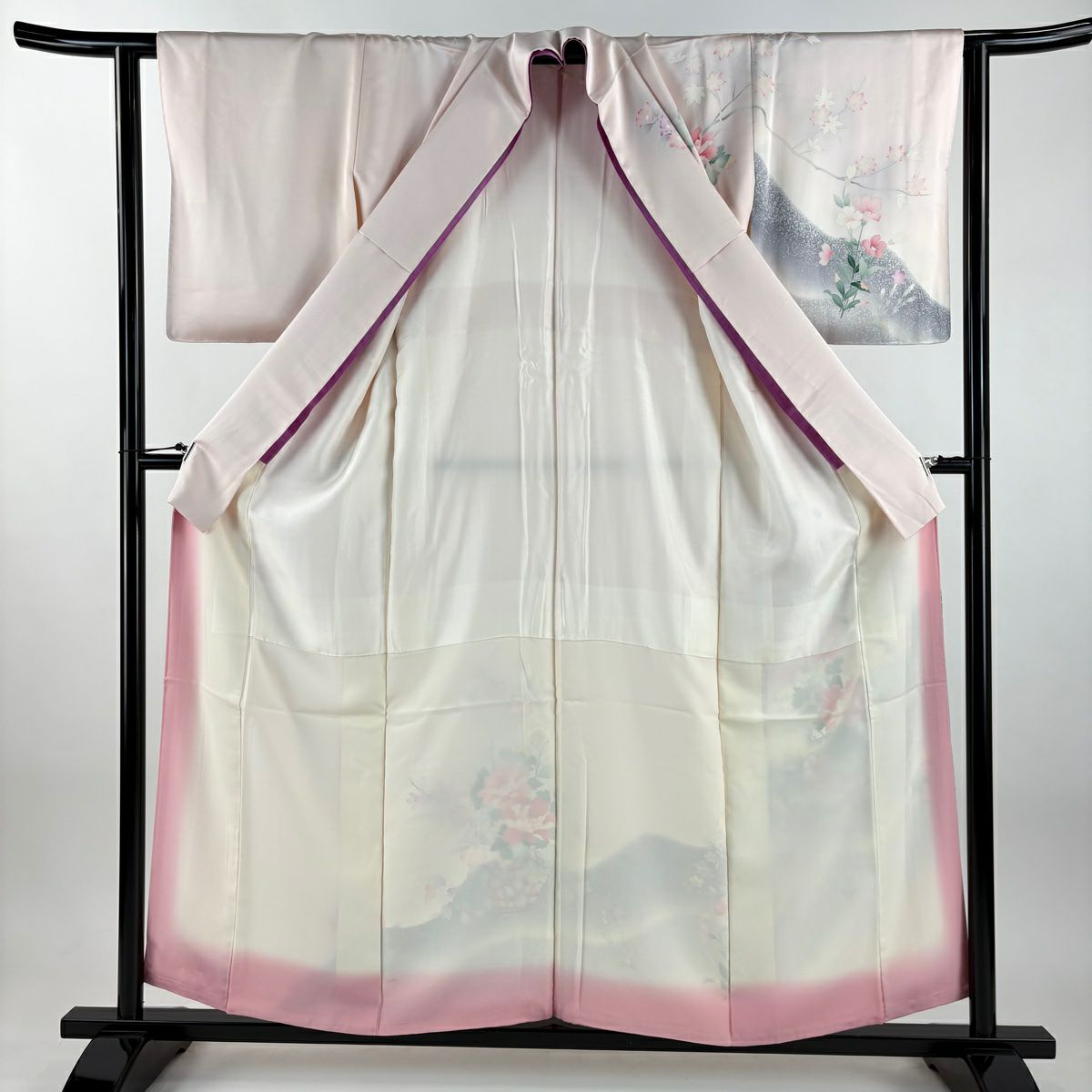訪問服 身長157cm 袖長62cm S 雙層 花器 草花紋紋 漸層 淺粉色 純蠶絲 優品級