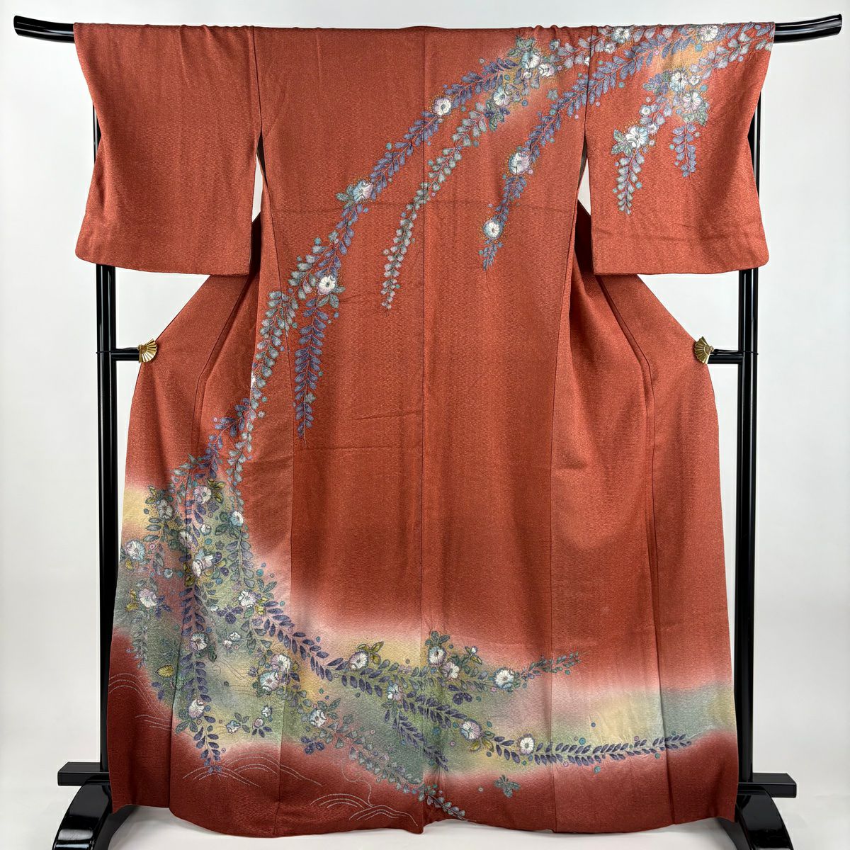 訪問服 身長167cm 袖長70.5cm L 雙層 草花紋紋 金彩裝飾 絞染 茜 純蠶絲 秀品級