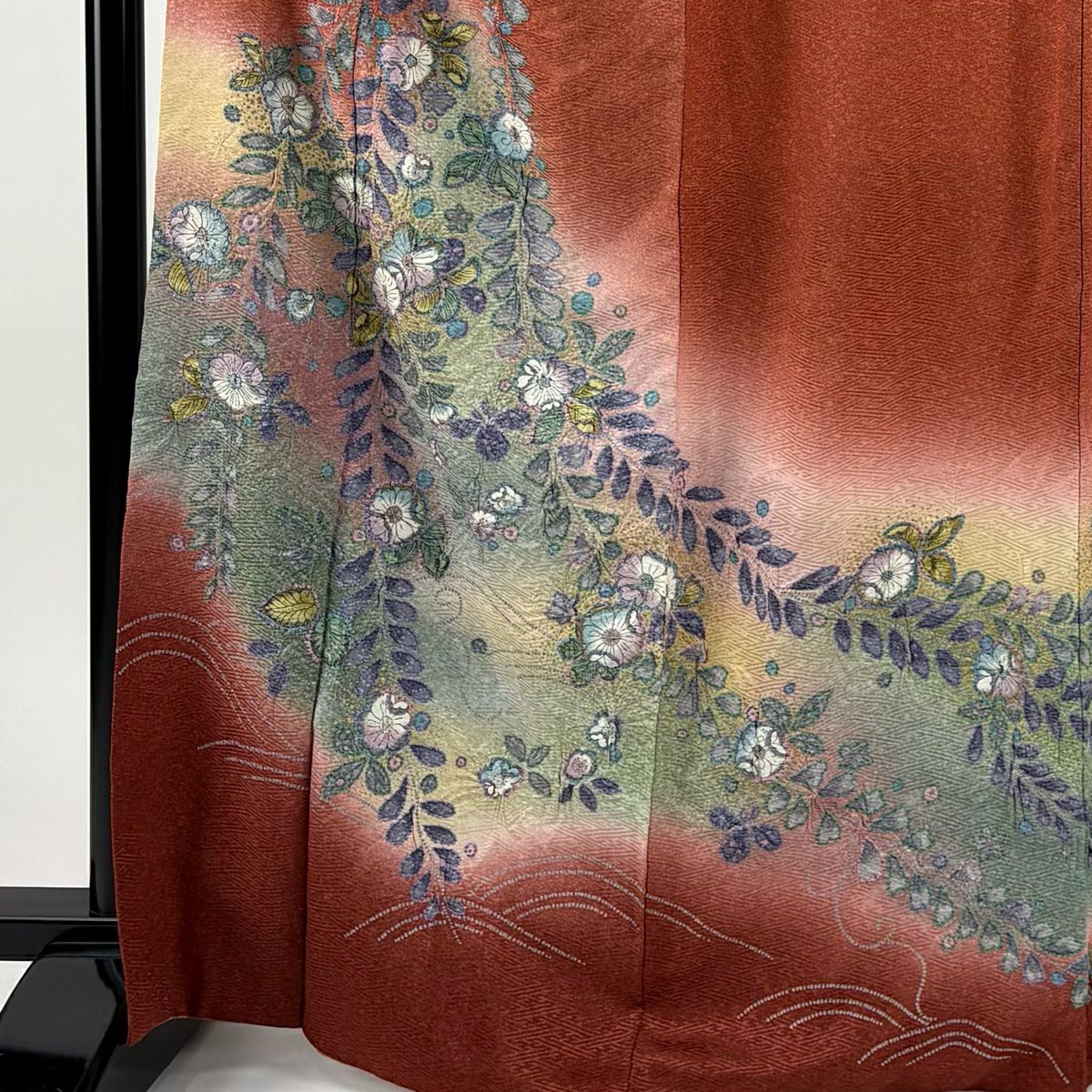 訪問服 身長167cm 袖長70.5cm L 雙層 草花紋紋 金彩裝飾 絞染 茜 純蠶絲 秀品級