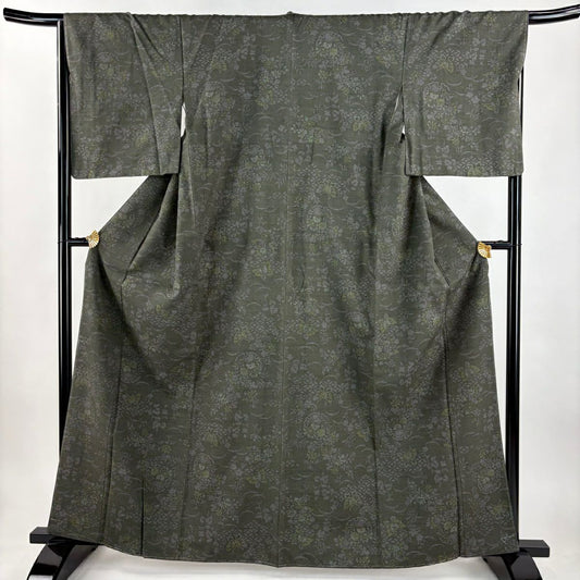 【美品】 紬織 身長163.5cm 袖長67cm M 雙層 蝶 草花紋紋 茶綠 純蠶絲 秀品級