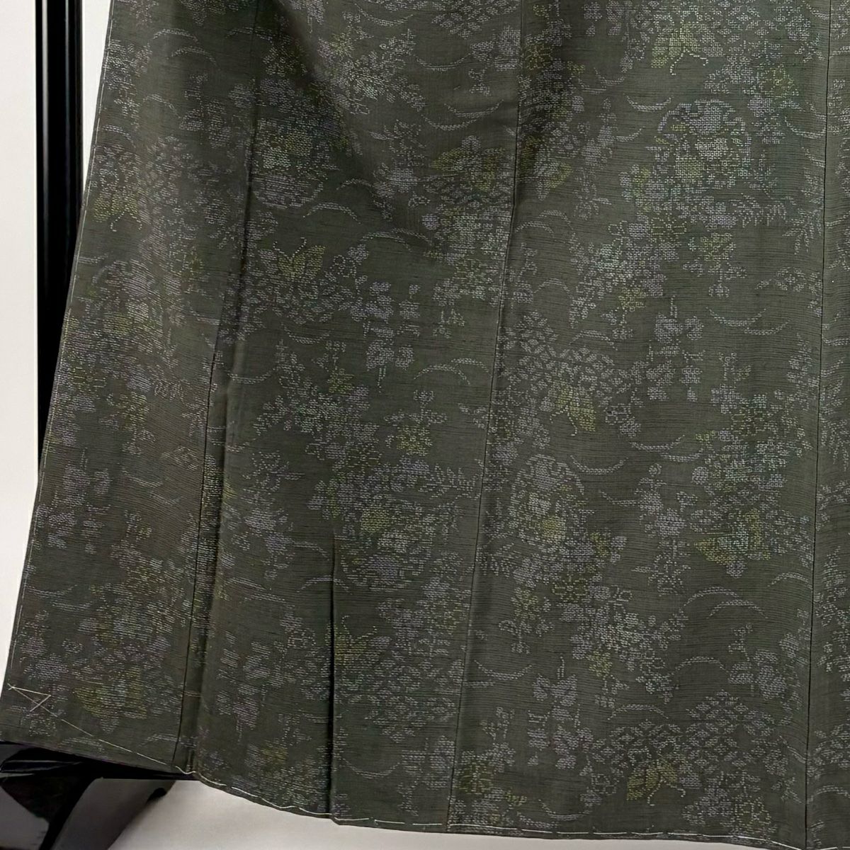 【美品】 紬織 身長163.5cm 袖長67cm M 雙層 蝶 草花紋紋 茶綠 純蠶絲 秀品級