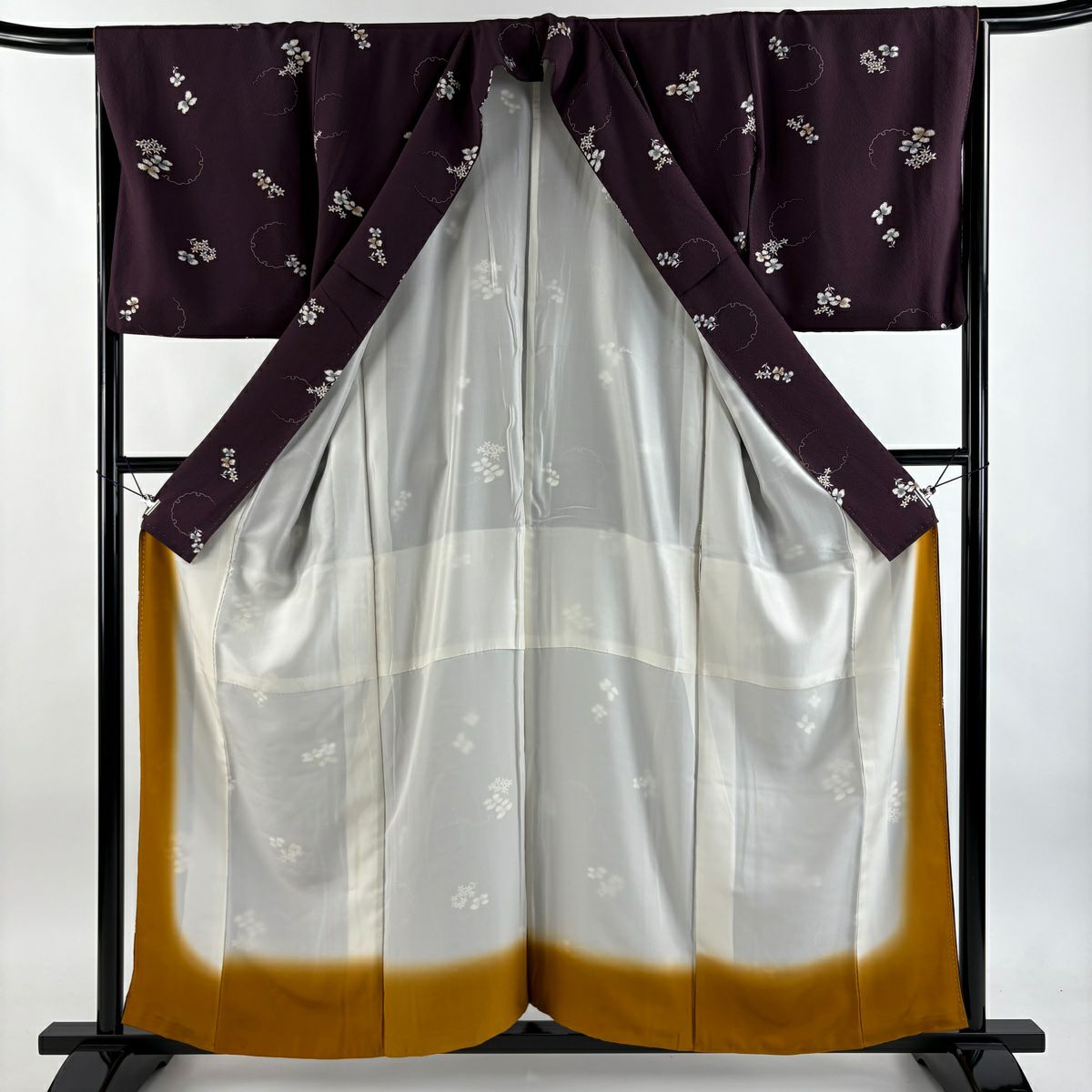 【美品】 小紋 身長157cm 袖長67cm M 雙層 雪輪 草花紋紋 紫 純蠶絲 秀品級