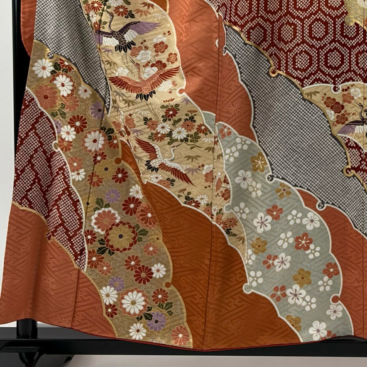 振袖禮服 身長157cm 袖長65.5cm M 雙層 鈴乃屋 仙鶴 菊花 金銀彩 染分 紅茶 純蠶絲 秀品級