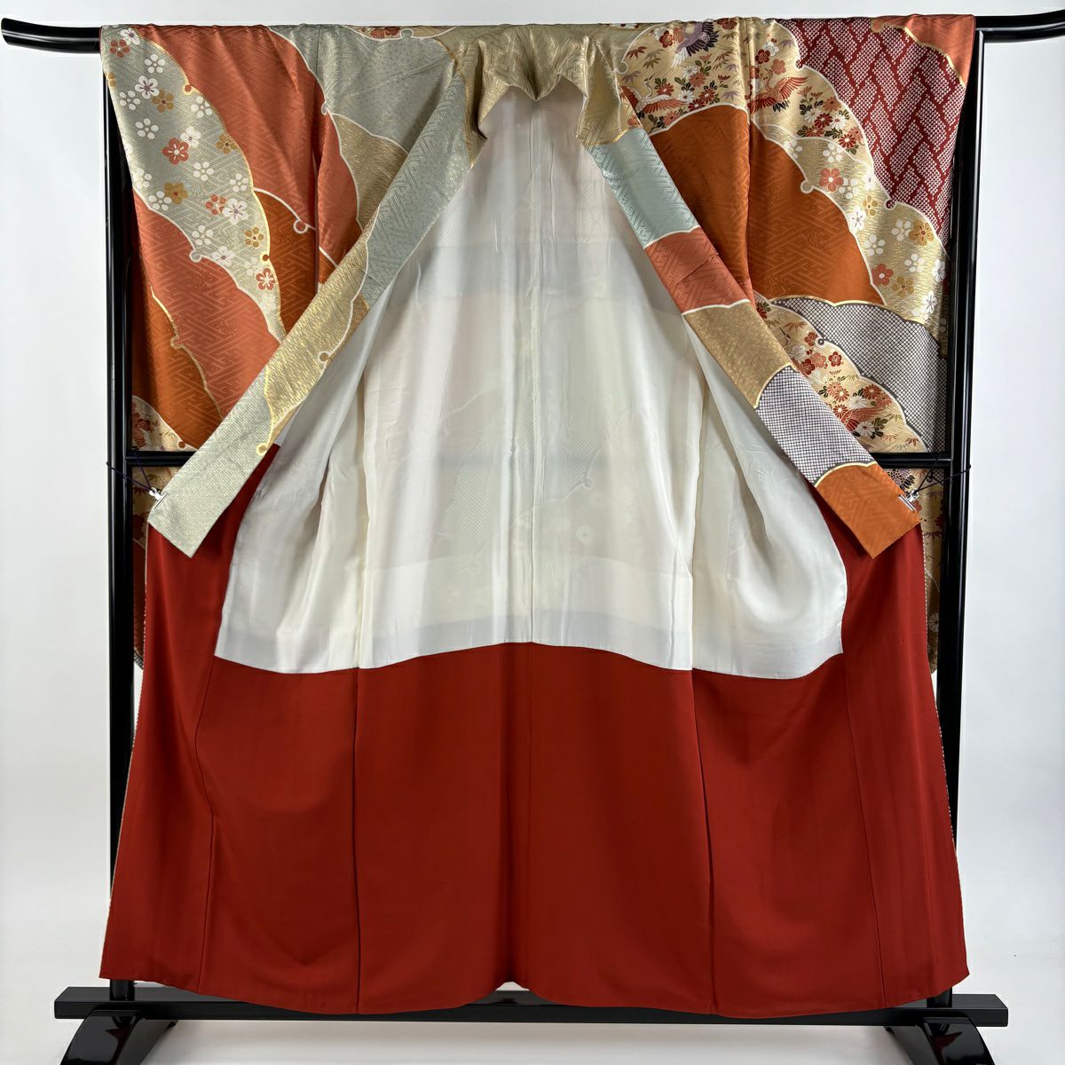 振袖禮服 身長157cm 袖長65.5cm M 雙層 鈴乃屋 仙鶴 菊花 金銀彩 染分 紅茶 純蠶絲 秀品級