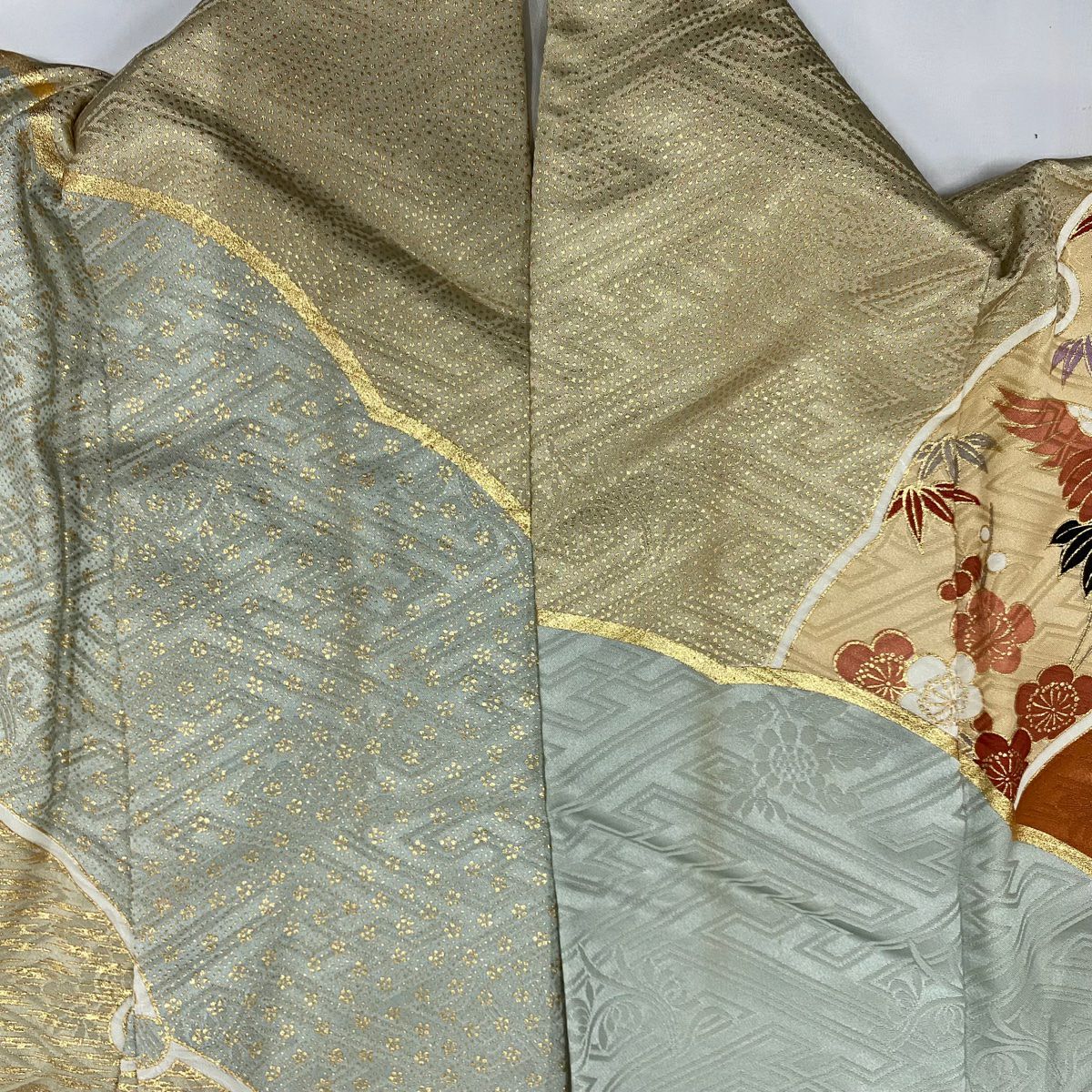 振袖禮服 身長157cm 袖長65.5cm M 雙層 鈴乃屋 仙鶴 菊花 金銀彩 染分 紅茶 純蠶絲 秀品級