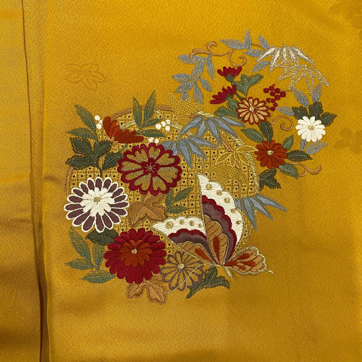 振袖禮服 身長163cm 袖長64cm M 雙層 花丸紋 蝴蝶 刺繡 金線 山吹 純蠶絲 優品級