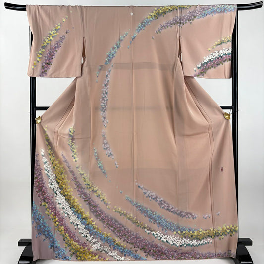 訪問服 身長169.5cm 袖長68cm L 雙層 落款 草花紋 染分 逐漸變化 粉米色 純蠶絲 名品級 一つ紋