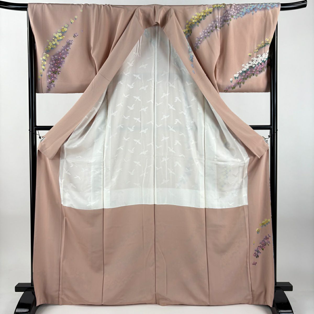 訪問服 身長169.5cm 袖長68cm L 雙層 落款 草花紋 染分 逐漸變化 粉米色 純蠶絲 名品級 一つ紋
