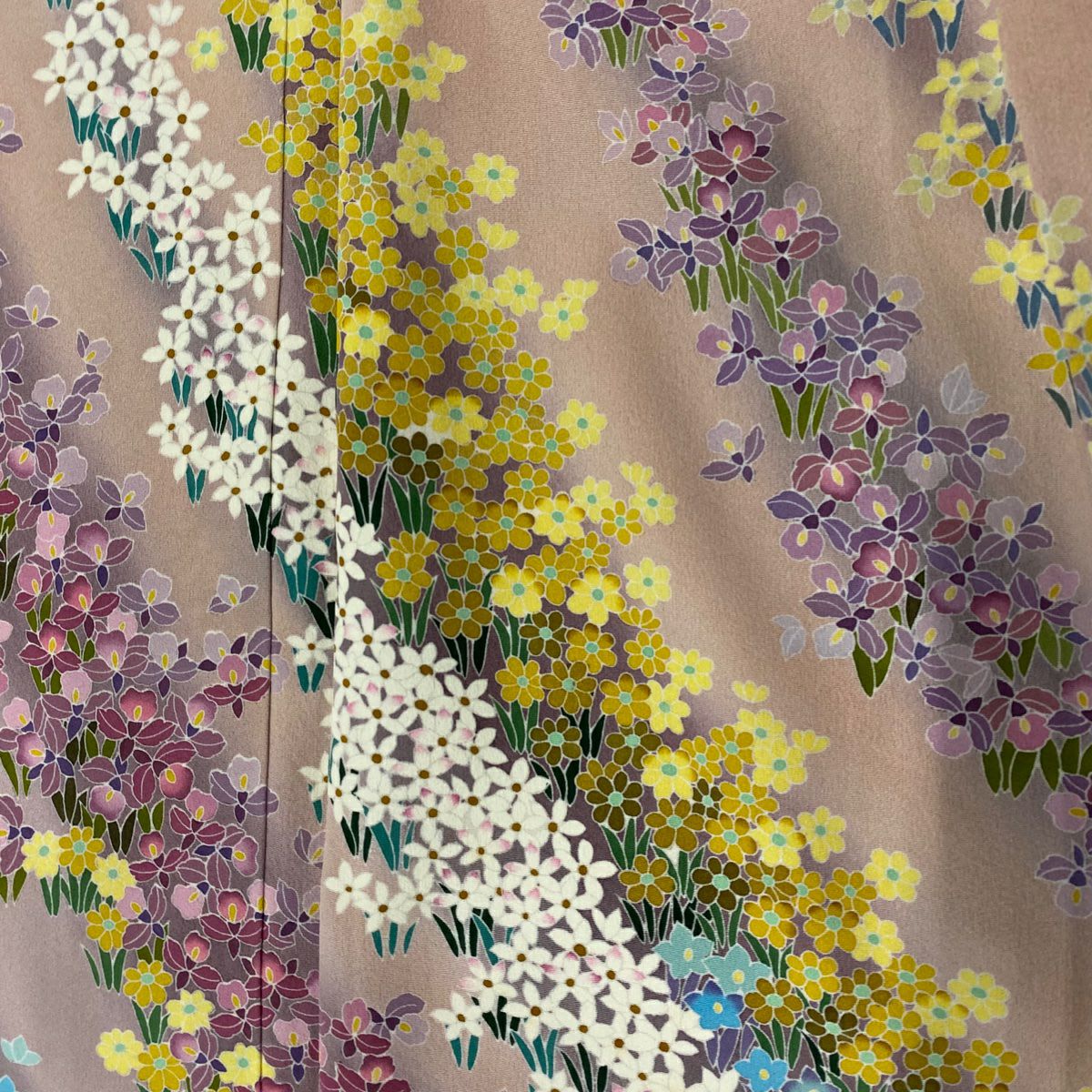 訪問服 身長169.5cm 袖長68cm L 雙層 落款 草花紋 染分 逐漸變化 粉米色 純蠶絲 名品級 一つ紋