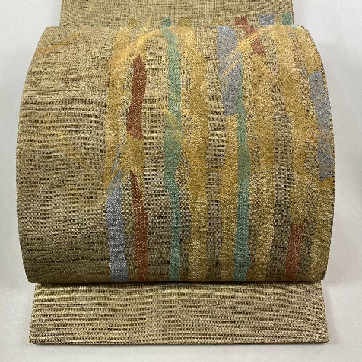 【美品】袋帶 逸品級 幾何圖案 金絲 金金箔 米色 大鼓圖案 純蠶絲