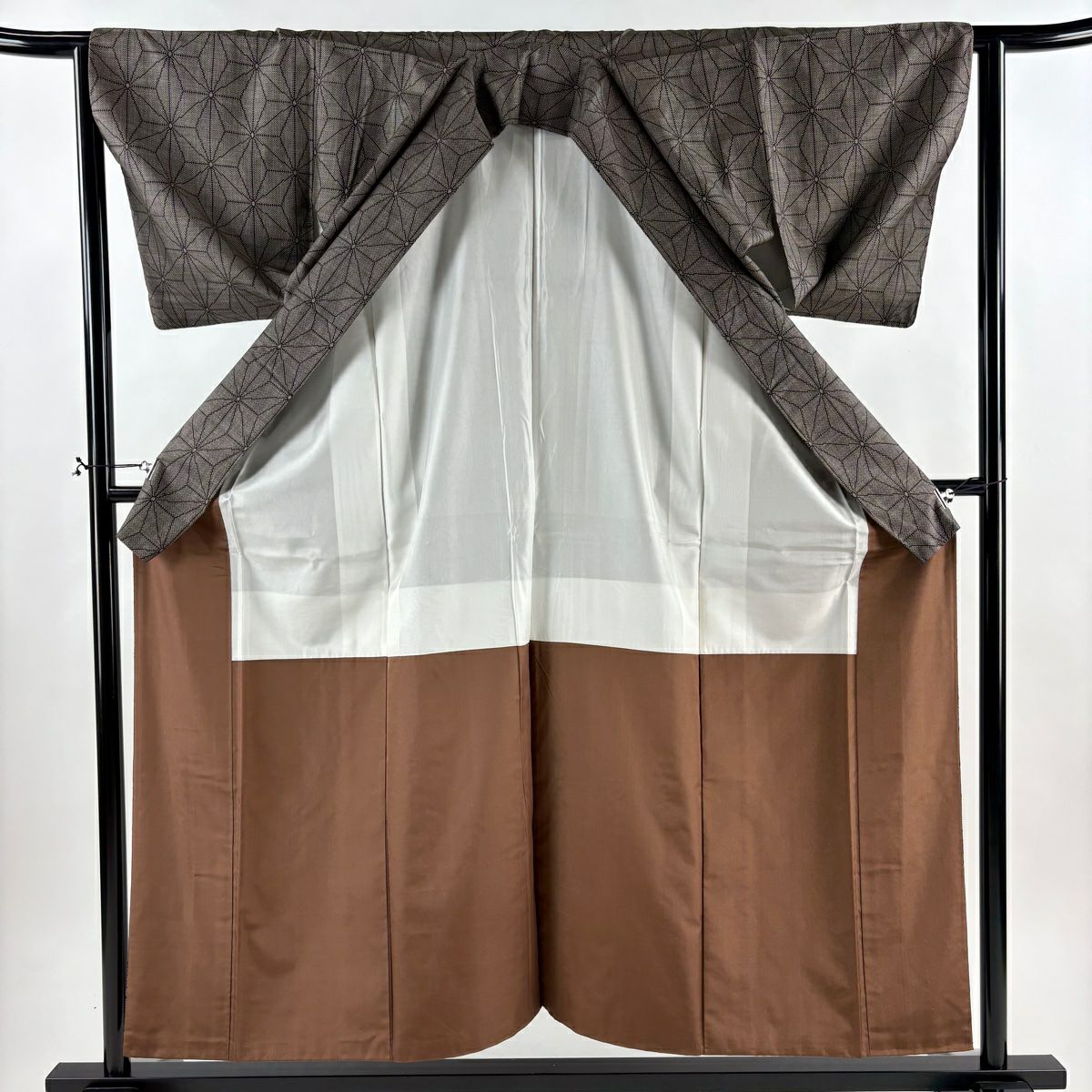 【美品】 紬織 身長156cm 袖長63.5cm S 雙層 麻葉 焦茶 純蠶絲 秀品級