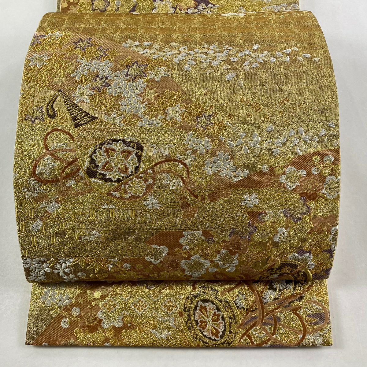 【美品】 袋帶 秀品級 大和 鼓 梅花 金金箔 金絲 金 六通 純蠶絲