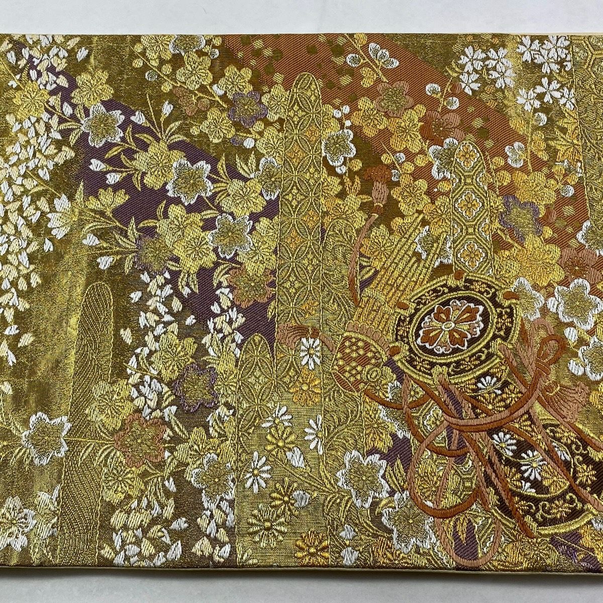 【美品】 袋帶 秀品級 大和 鼓 梅花 金金箔 金絲 金 六通 純蠶絲