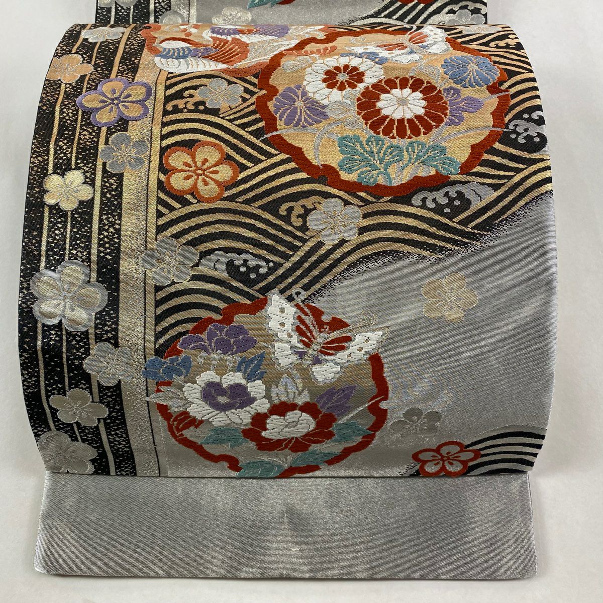 【美品】 袋帶 秀品級 證書齊全 波 雪輪 金金箔 刺繡 銀 六通 純蠶絲