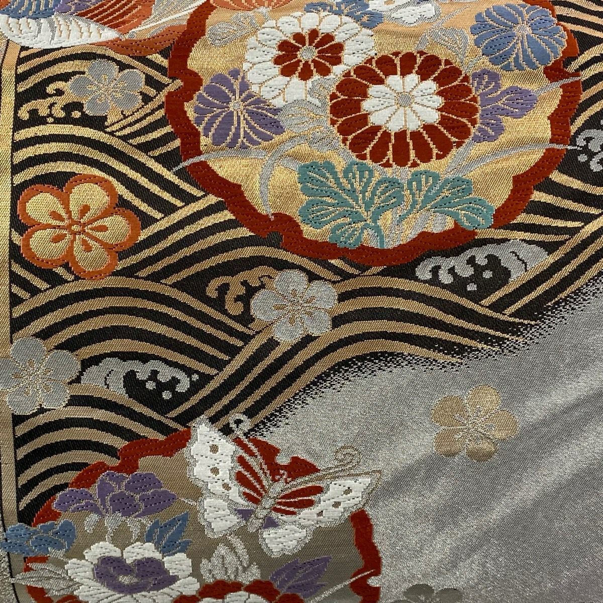 【美品】 袋帶 秀品級 證書齊全 波 雪輪 金金箔 刺繡 銀 六通 純蠶絲