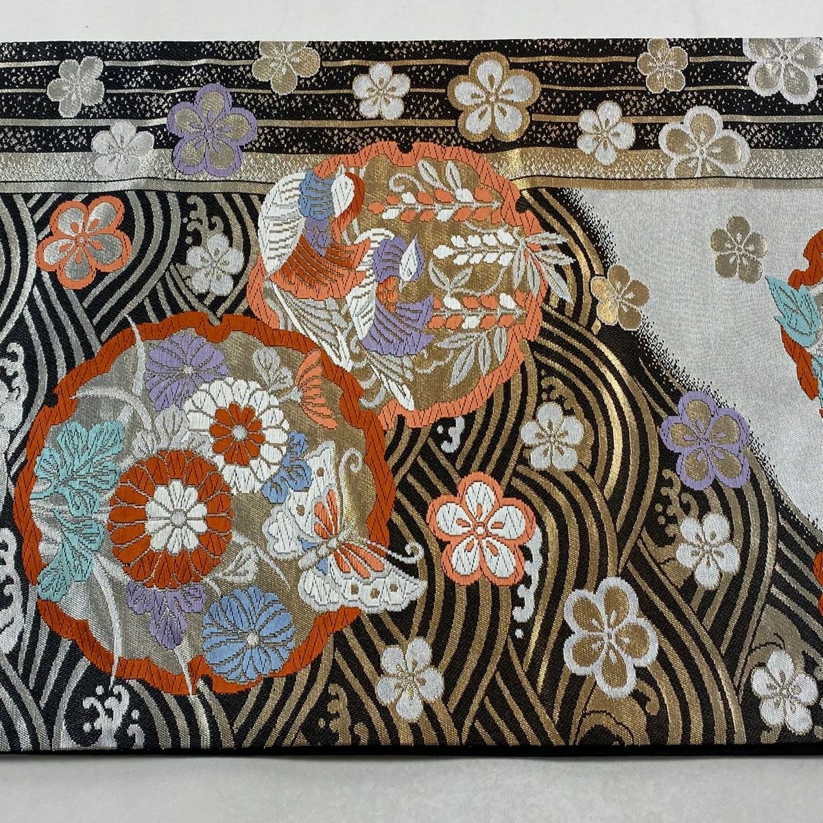 【美品】 袋帶 秀品級 證書齊全 波 雪輪 金金箔 刺繡 銀 六通 純蠶絲