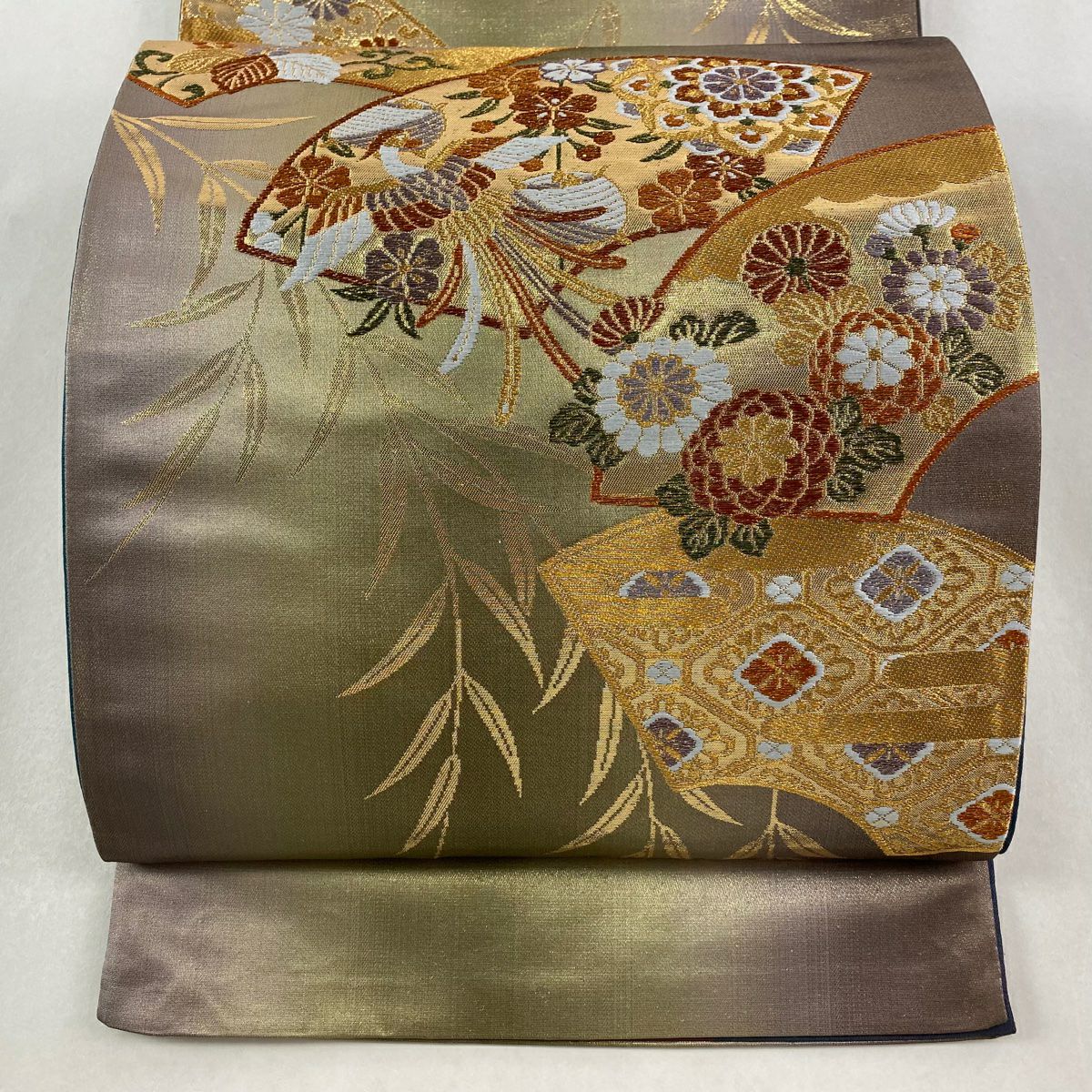 【美品】 袋帶 秀品級 證書齊全 扇子面 花鳥 金金箔 金絲 灰綠 六通 純蠶絲