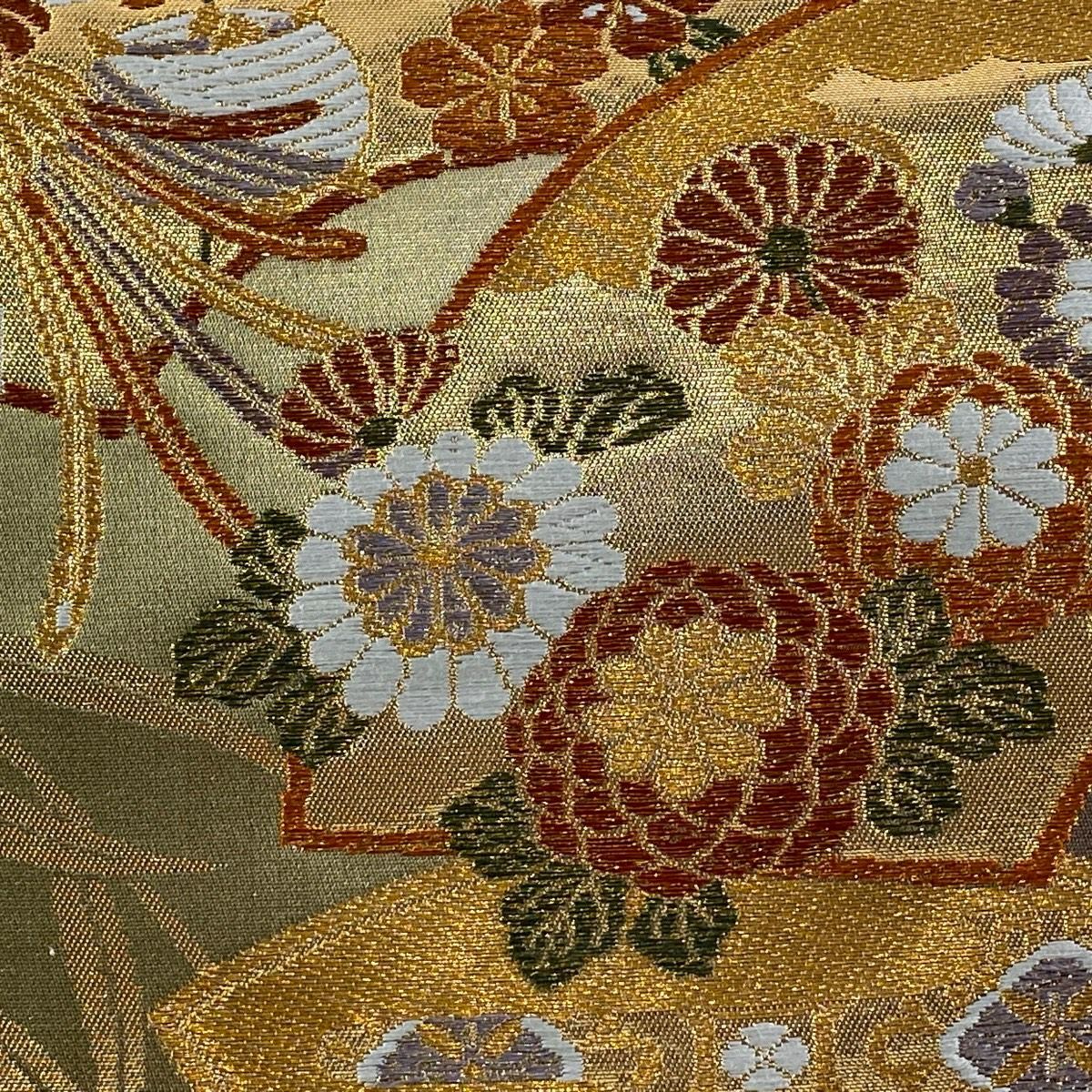 【美品】 袋帶 秀品級 證書齊全 扇子面 花鳥 金金箔 金絲 灰綠 六通 純蠶絲